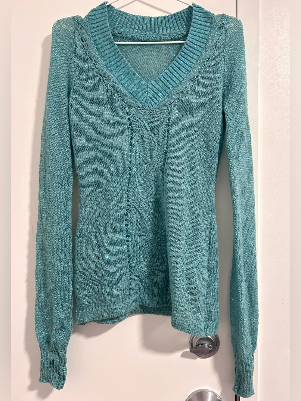 Teal V-Neck Cable Sequin Knit Women's Sweater